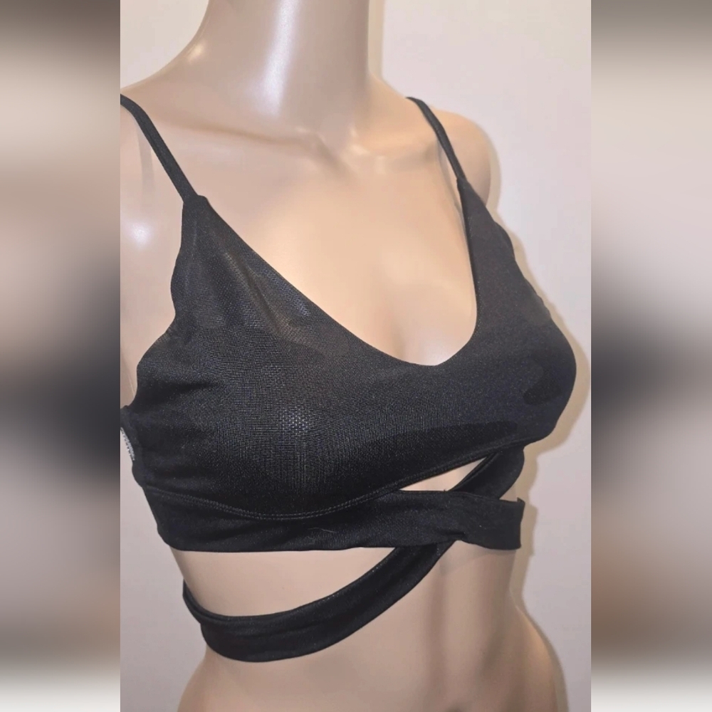 Black On BLACK CAMO Wrap-Front Bralette with Spaghetti Straps - S